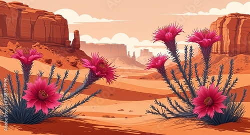 Ruby desert flowers blooming in ochre sands abstract illustration photo