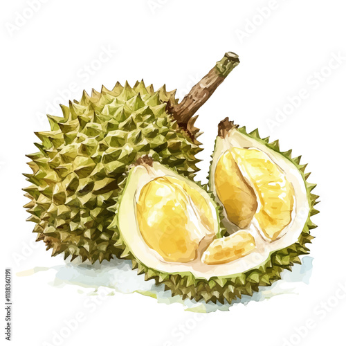A watercolor vector painting of a durian, isolated on a white background. Durian vector.

