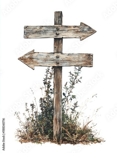 Weathered wooden signpost with arrows pointing in opposite directions, surrounded by weeds.