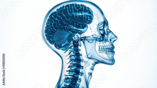 A transparent side view of a human skull and brain, showcasing anatomical details like the spine and cranial structure. photo