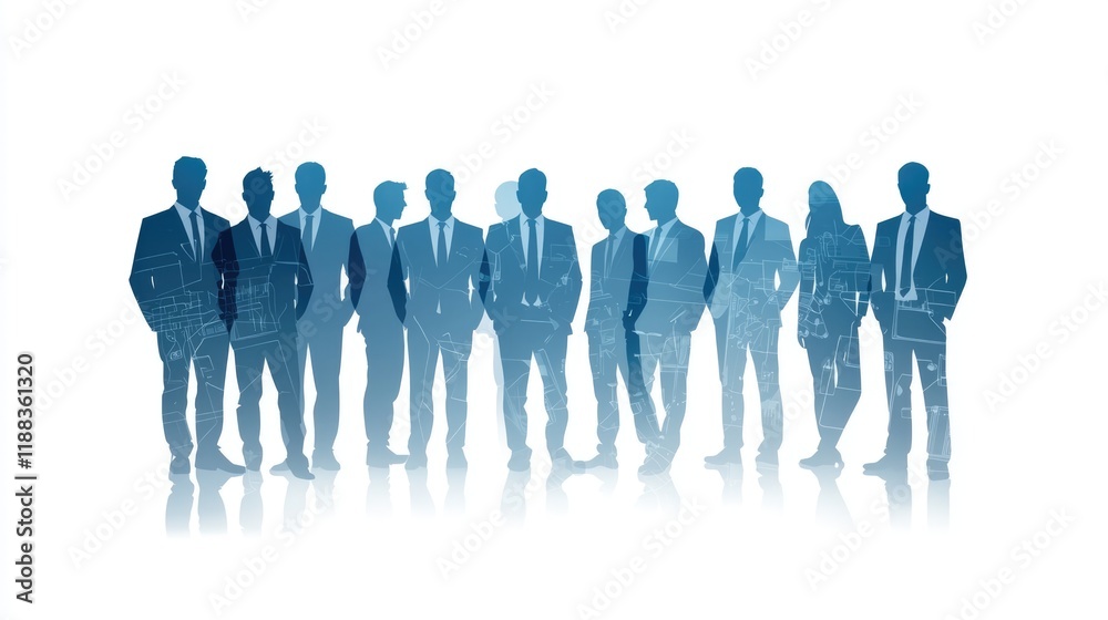 A silhouette of business professionals standing in a line, depicted with a blue overlay against a white background.