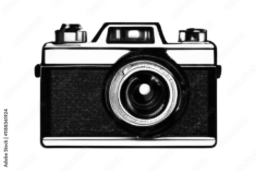 Retro camera illustration in black and white halftone style. Ideal for vintage-themed designs, photography concepts, posters, logos, and creative projects. Retro camera illustration in black and white halftone style. Ideal for vintage-themed designs, photography concepts, posters, logos, and creative projects.