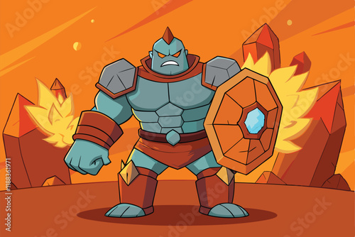 Rock skinned gladiator armed with a crystal sword and shield, set in a magical landscape filled with glowing gems and fiery explosions