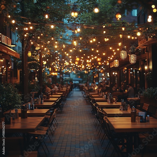 A cozy outdoor dining area illuminated by string lights, creating a warm atmosphere for guests to enjoy their meals.