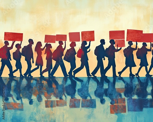 A group of people of diverse ethnicities peacefully marching together, holding signs advocating for equal rights and justice, on a sunny day.