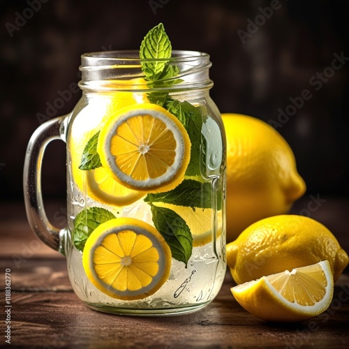 A refreshing glass of lemonade, infused with mint and garnished with lemon slices, sits on a wooden table, inviting summer relaxation. photo