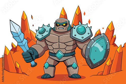 Fantasy stone hero with crystal formations and a shield, standing amidst fiery rocks in a vibrant and mystical volcanic terrain