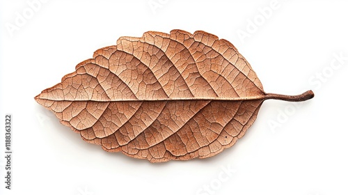 A dry, brown leaf displayed on a white background, showcasing intricate vein patterns and natural textures.