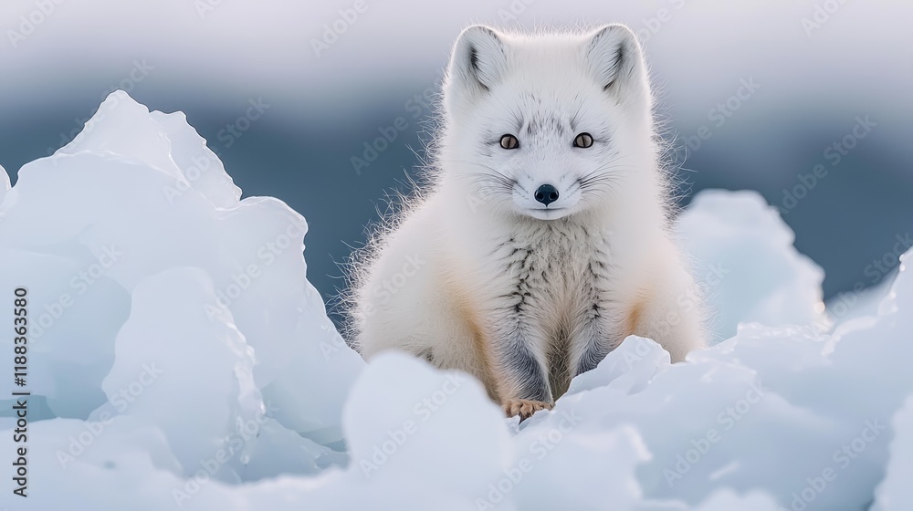 Obraz premium A fluffy Arctic fox sits on a snowy landscape, showcasing its white fur against a backdrop of ice and cold, evoking the beauty of winter wildlife.