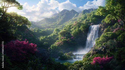 Wallpaper Mural Stunning Scenic Photograph of Cascading Waterfall in Lush Paradise Torontodigital.ca