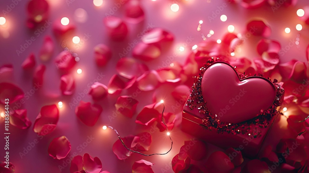 A heart is surrounded by red petals and a string of lights. The heart is placed on a table and the petals are scattered around it. Concept of love and romance, as the heart A heart is surrounded by red petals and a string of lights. The heart is placed on a table and the petals are scattered around it. Concept of love and romance, as the heart