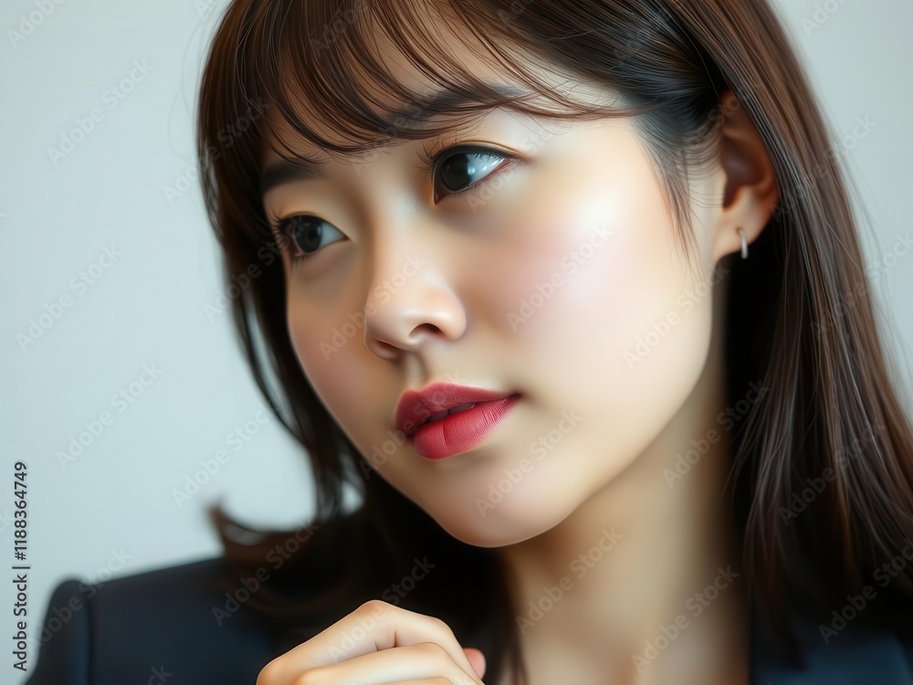 Close-up portrait of a young Asian woman with dark hair and subtle makeup, looking thoughtfully off-camera. Close-up portrait of a young Asian woman with dark hair and subtle makeup, looking thoughtfully off-camera.