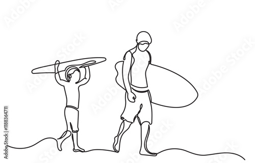 Continuous line drawing of Father and son with surfboards at the beach.single line Father and Son Going Surfing vector illustration. The father's son is isolated on a white background.