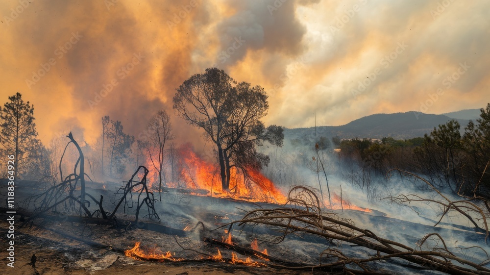 Fototapeta premium Intense Wildfire Consuming a Forest with Flames and Smoke in a Natural Landscape