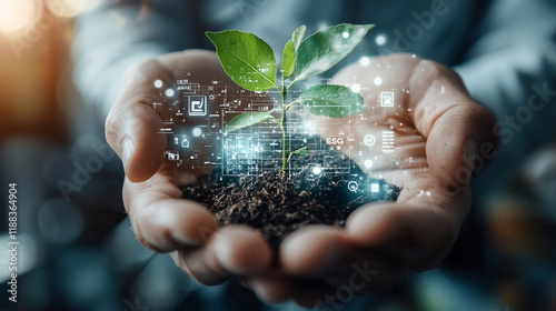 Ai-generated businesspersons nurturing a green future digital environment growth concept nature focus