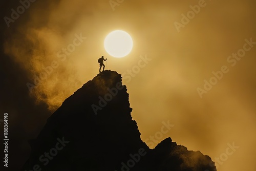 A heroic scene of a climber offering a hand to their companion while perched on a mountain ridge, silhouetted by the sun.