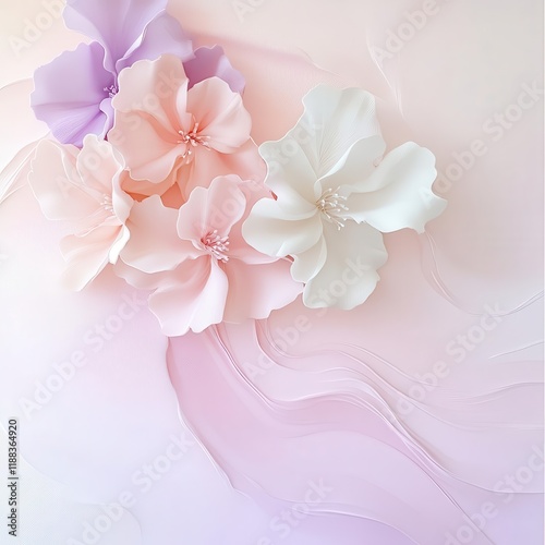 Dreamy pastel blossoms with flowing patterns, soft tones of pink, white, and lavender, gentle spring awakening