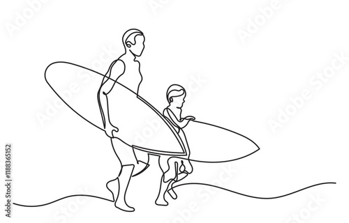 Continuous line drawing of Father and son with surfboards at the beach.single line Father and Son Going Surfing vector illustration. The father's son is isolated on a white background.
