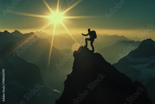 A heroic scene of a climber offering a hand to their companion while perched on a mountain ridge, silhouetted by the sun.
