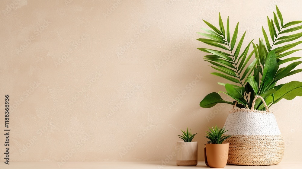 Fototapeta premium Soft Warm Pastel Orange Wallpaper with Green Plants and Pots
