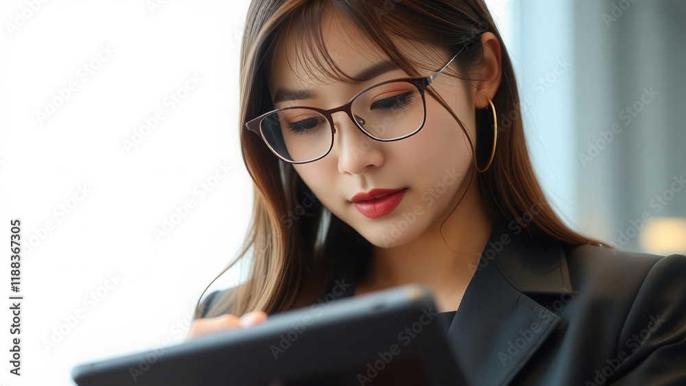 Focused young businesswoman using tablet. Focused young businesswoman using tablet.