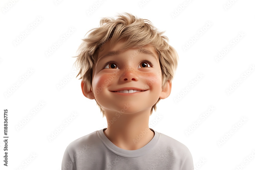 3D portrait of a joyful young boy with blond hair and brown eyes, dressed casually, on a white background. 3D portrait of a joyful young boy with blond hair and brown eyes, dressed casually, on a white background.