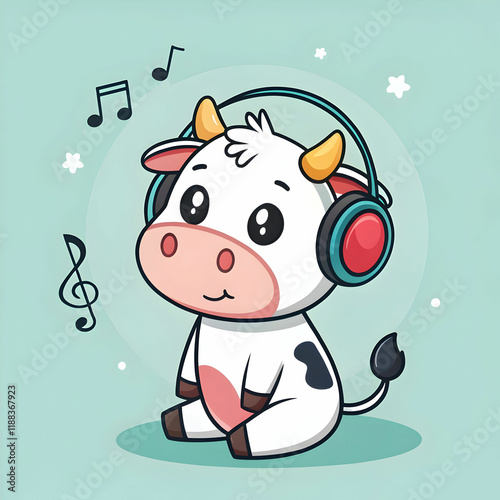 cute cow listening music with headphone cartoon