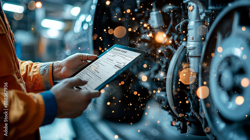 Ai-generated car service and maintenance check auto workshop digital inspection industrial setting mechanic's viewpoint