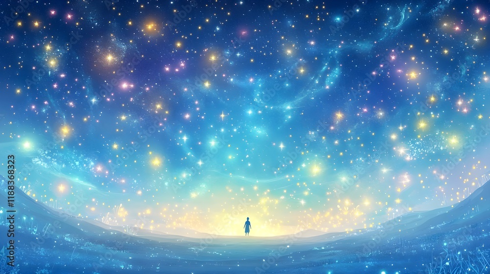 Naklejka premium magical starry night landscape, girl silhouette - surrealism