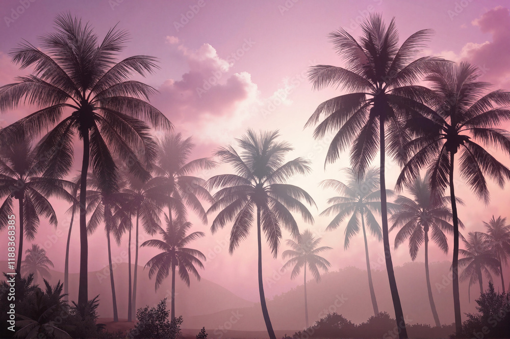 Sunset over tropical palm trees against a pink sky Sunset over tropical palm trees against a pink sky