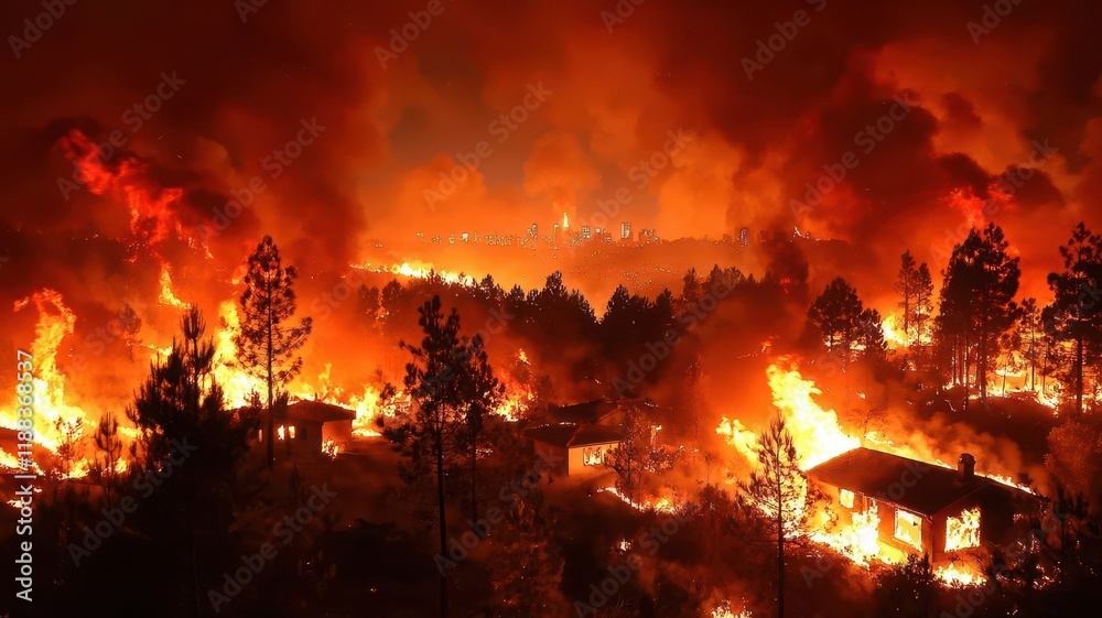Wildfires burning home concept. A dramatic scene of a raging wildfire engulfing trees and homes, with bright flames and thick smoke lighting up the night sky. Wildfires burning home concept. A dramatic scene of a raging wildfire engulfing trees and homes, with bright flames and thick smoke lighting up the night sky.