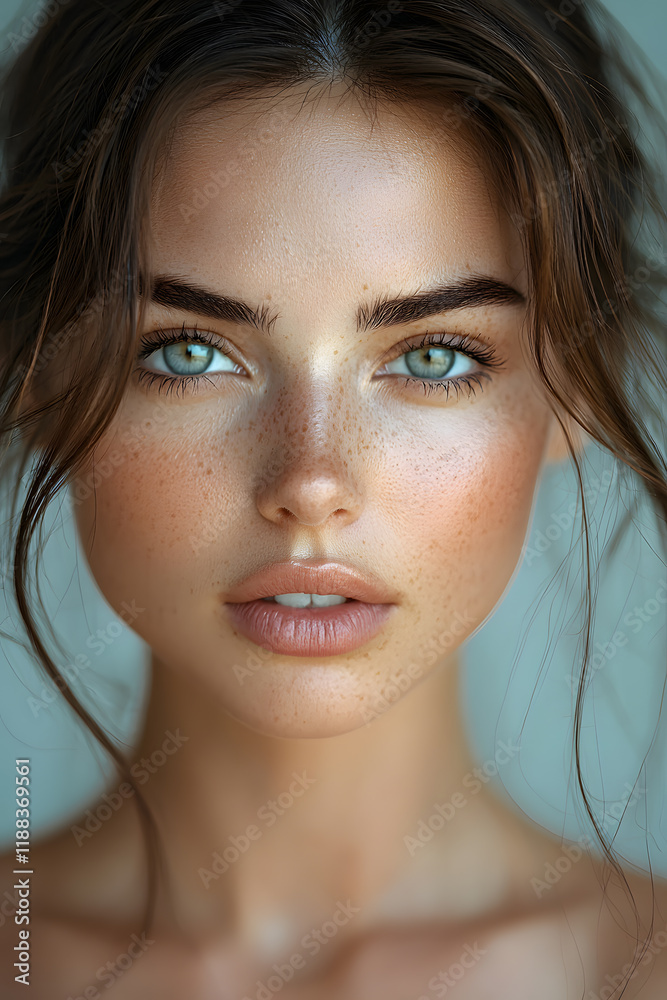 Naklejka premium Portrait of a Young Woman with Smooth Skin and Freckles