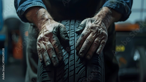 Dirty hands of a mechanic gripping a car tire in a garage workshop photo