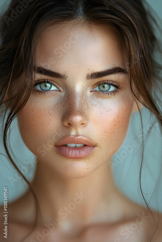 Portrait of a Young Woman with Smooth Skin and Freckles photo