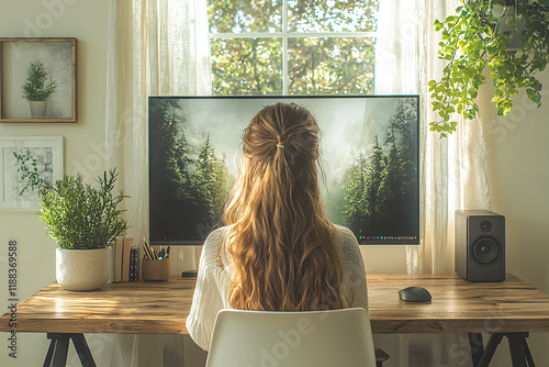 Woman Working at Her Desk with a Computer, Viewed from Behind photo