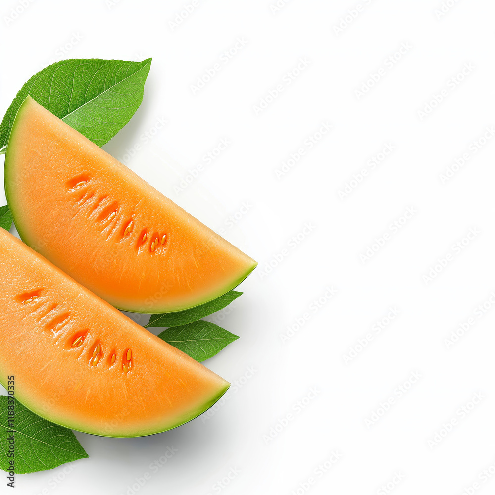 Ripe melons and melon slices with green leaves arranged on white background. Melon wallpaper, banner Ripe melons and melon slices with green leaves arranged on white background. Melon wallpaper, banner