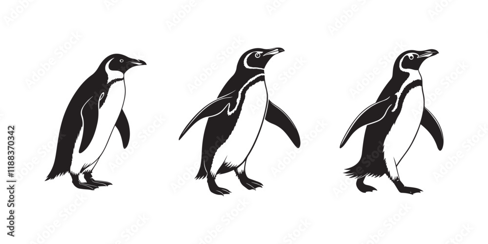 Obraz premium Silhouette of three penguins walking in a row, black and white illustration of penguins in motion, side profile view, wildlife art