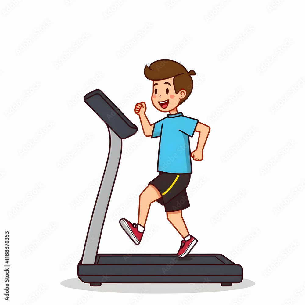 Fototapeta premium Cute Boy Running On Treadmill Cartoon Vector Icon Illustration People Sport Icon Concept Isolated