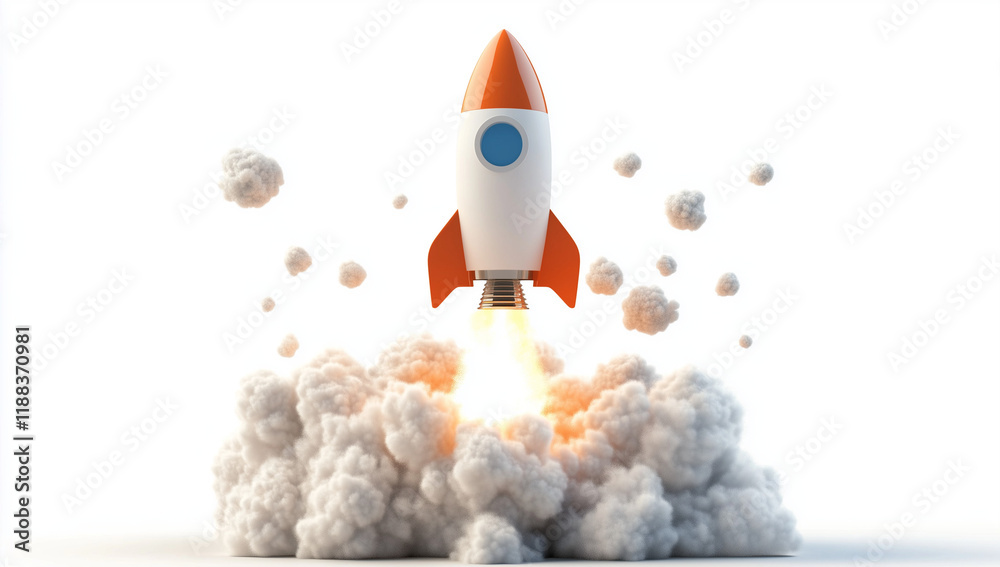 3D cartoon rocket flying upward with smoke, white background, clip art for commercial use, high resolution, clear and sharp image. 3D cartoon rocket flying upward with smoke, white background, clip art for commercial use, high resolution, clear and sharp image.
