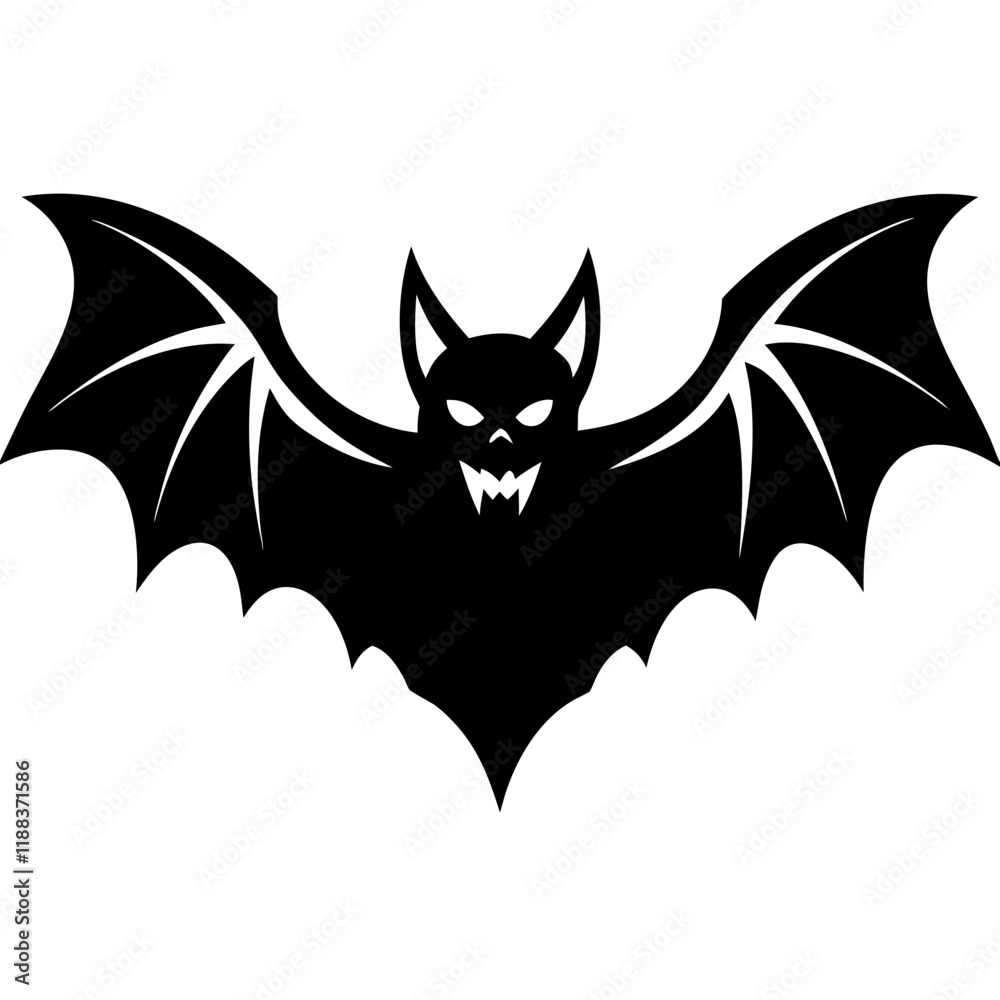 Flying Bat with Spooky Expression – Black and White Vector Illustration Flying Bat with Spooky Expression – Black and White Vector Illustration