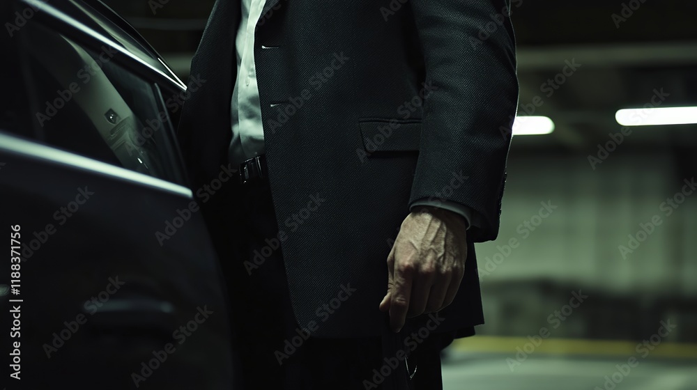 Naklejka premium Unrecognizable businessman opens car door while standing in garage. The picture is cropped, so only the man's torso and the car door are visible. 