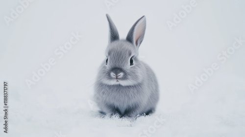 Grey bunny sitting in snowy winter scene, outdoors photo