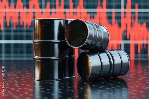 Oil Barrels and Stock Chart Background, Oil Trading Concept, Barrels on Dark Business Table with Candlestick Graph Chart