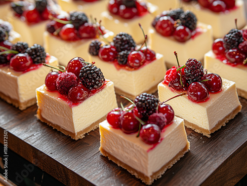 A close-up of small, miniature blackberry and raspberry-shaped desserts with purple cream on top, placed in an elegant display case at the wedding party venue.  photo