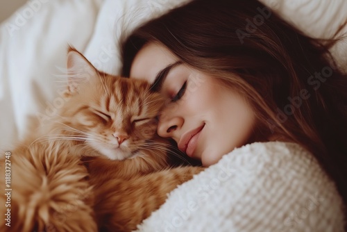 Young Female with Adorable Feline companion Resting on Bed, Cozy and Peaceful Home Environment photo