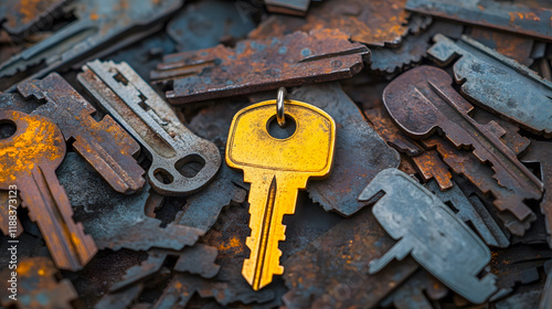 Vintage metal keys with rusty surfaces featuring a prominent golden key on a textured background of assorted old keys showcasing diverse shapes and sizes photo