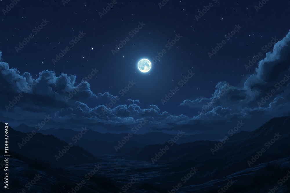A dark night sky with clouds and the moon shining brightly in the background.