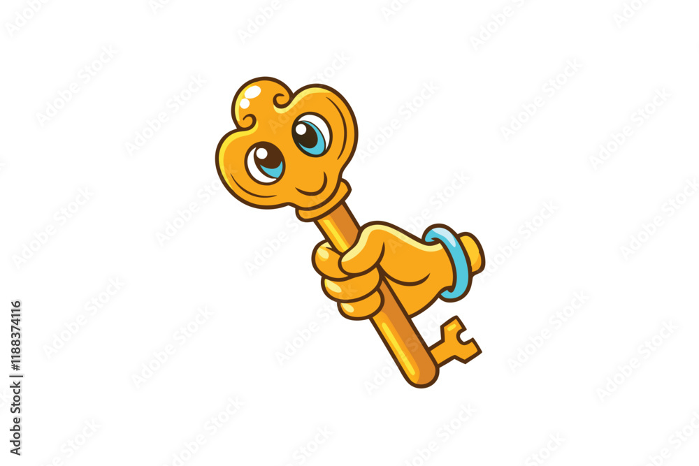 Fototapeta premium Vector art of a golden key in a hand, highlighting themes of achievement, wealth, and unlocking secrets on a clean white canvas