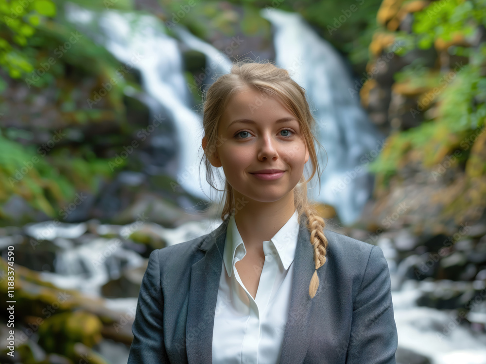 Young happy businesswoman smiling during business trip travel, copy space on waterfalls Young happy businesswoman smiling during business trip travel, copy space on waterfalls