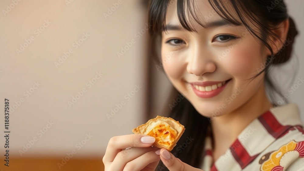 Happy woman enjoying a tasty pastry. Happy woman enjoying a tasty pastry.